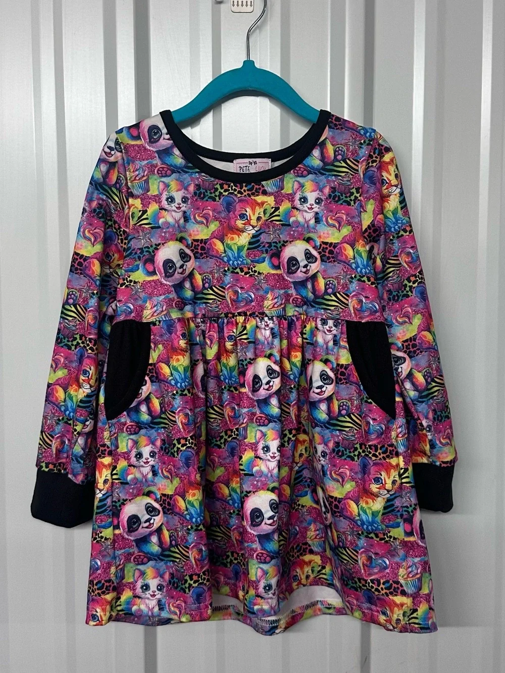 Girls Pete & Lucy Rainbow Animal Print Twirl Dress Long Sleeve Pockets Colorful